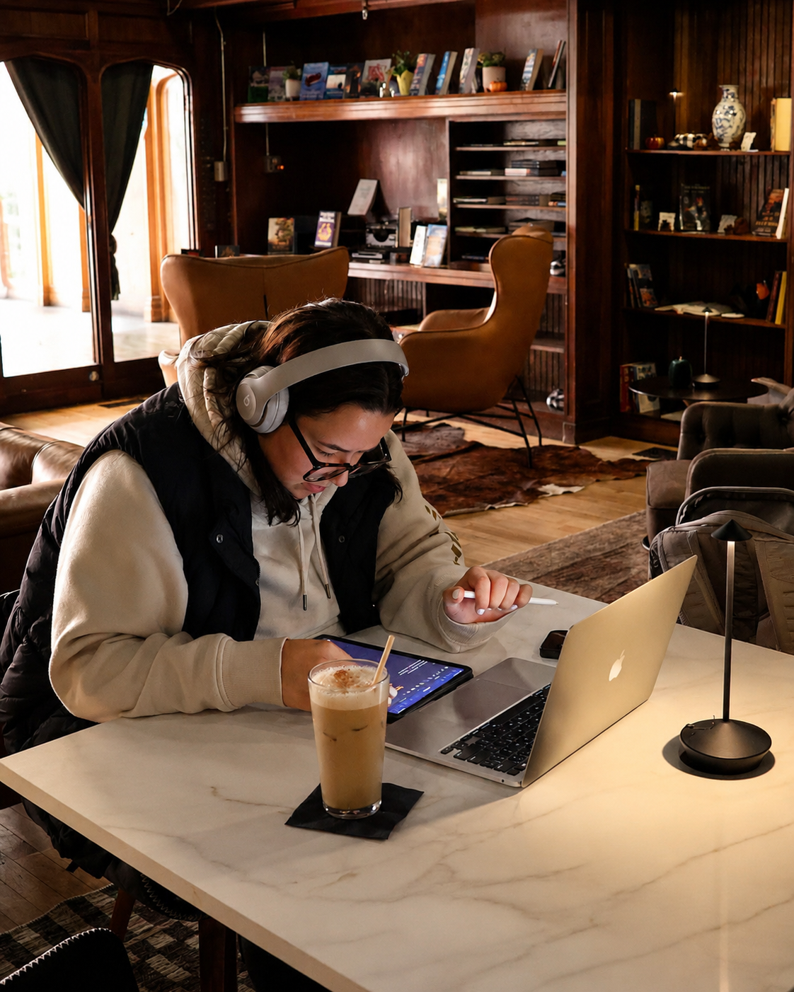  A customer works on a laptop with an iced coffee at a marble table inside The Reading Room in downtown Omaha